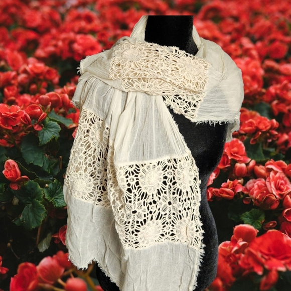 Unknown Accessories - Boho Crochet Extra Long Floral Scarf Cotton & Linen